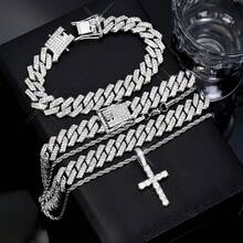 3pcs/Set, Unisex, Cross Pendant Necklace And Bracelet Set, Cuban Link Bracelet, Customizable Cuban Link Bracelet, Miami Cuban Link Bracelet With Cubic Zirconia - Gold - View 3