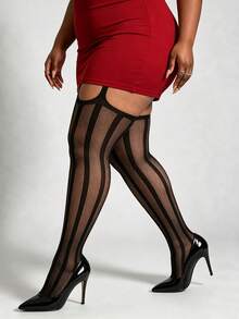 1 Pair Plus Size Friendly Vertical Striped Mesh Sexy Faux Thigh High Stocking Pants, Suitable For Nightclub Wear - Multicolor - View 5
