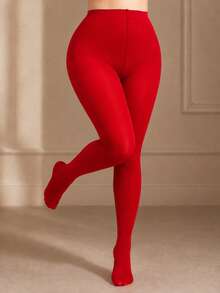 Women's Plus Size Red Semi-Opaque High Waist Pantyhose, Smooth Stretch Footed Tights For Holiday Party, Office, Date Night And Elegant Fashion Outfits - Red - View 11