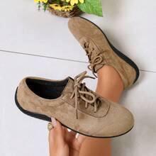 Women's Soft Sole Suede Lace-Up Casual Shoes, Round Toe, Flat Heel, Comfortable, Lightweight, Retro, Spring/Autumn, Daily Commute Shoes - Khaki - View 2