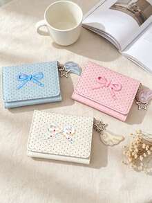 Cute Polka Dot 3-Fold Wallet With Bow Decor,Star Wing Charm,Portable Coin Purse & Card Holder,Compact Women's Short Purse,Daily Card Organizer - Multicolor - View 10