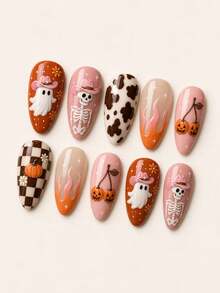 10pcs Halloween Y2K Western Style Press-On Nails, Includes 3D Skull, Ghost, Cow Print, Flame, Pumpkin And Cherry Designs, Medium Almond Shape Artificial Nails, Suitable For Halloween Party And Music Festival Outfits - Multicolor - View 2