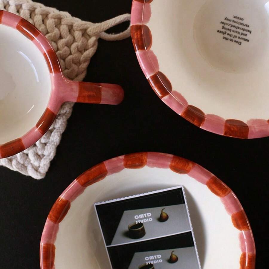 Aesthetic Hand-Painted Ceramic Bowl And Cup Set, Vintage Checkerboard Stripe Design, Breakfast Oatmeal Salad Bowl Coffee Cup, Kitchen Tableware, Housewarming Gift - Multicolor - View 1