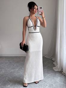 Women's Floral Bud Trim Deep V-Neck Sexy Halter Dress - White - View 7