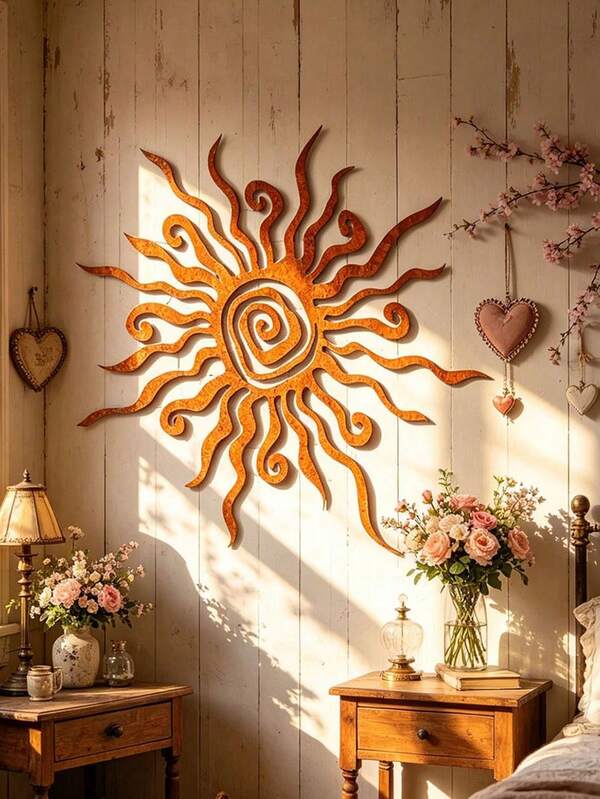 Swirl Spiral Metal Sun Wall Decor, Vintage Distressed Iron Sunrise Wall Sculpture, Rustic Bohemian Style Bedroom Living Room Patio Garden Fence Front Door Home Decor Gift