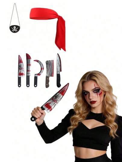 3 szt. zestaw sztucznych zakrwawionych noży na Halloween, rekwizyty do fotobudki na imprezę, plastikowe noże kuchenne, ostry nóż, zakrwawiony tasak i kosa, akcesoria do fotobudki na imprezę
