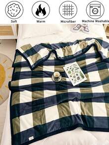 1件綠色與白色菱形印花法蘭絨毯，保暖舒適的床毯，適合四季使用，現代風格裝飾沙發毯，可機洗 - 彩色 - 查看 2