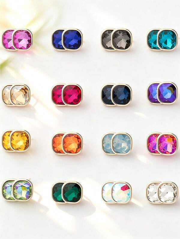 1 par de pendientes de botón con forma cuadrada con cristales de imitación, elegantes, llamativos, brillantes y coloridos, joyería para orejas para mujer, para fiesta, ir al trabajo, uso diario y boda
