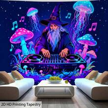 卡通巫師 DJ 掛毯 霓虹水母 斑點蘑菇與音符印花 牆掛布 深色星空背景 唯美宿舍臥室嬉皮風室內牆飾布 - 水母音符 - 查看 8