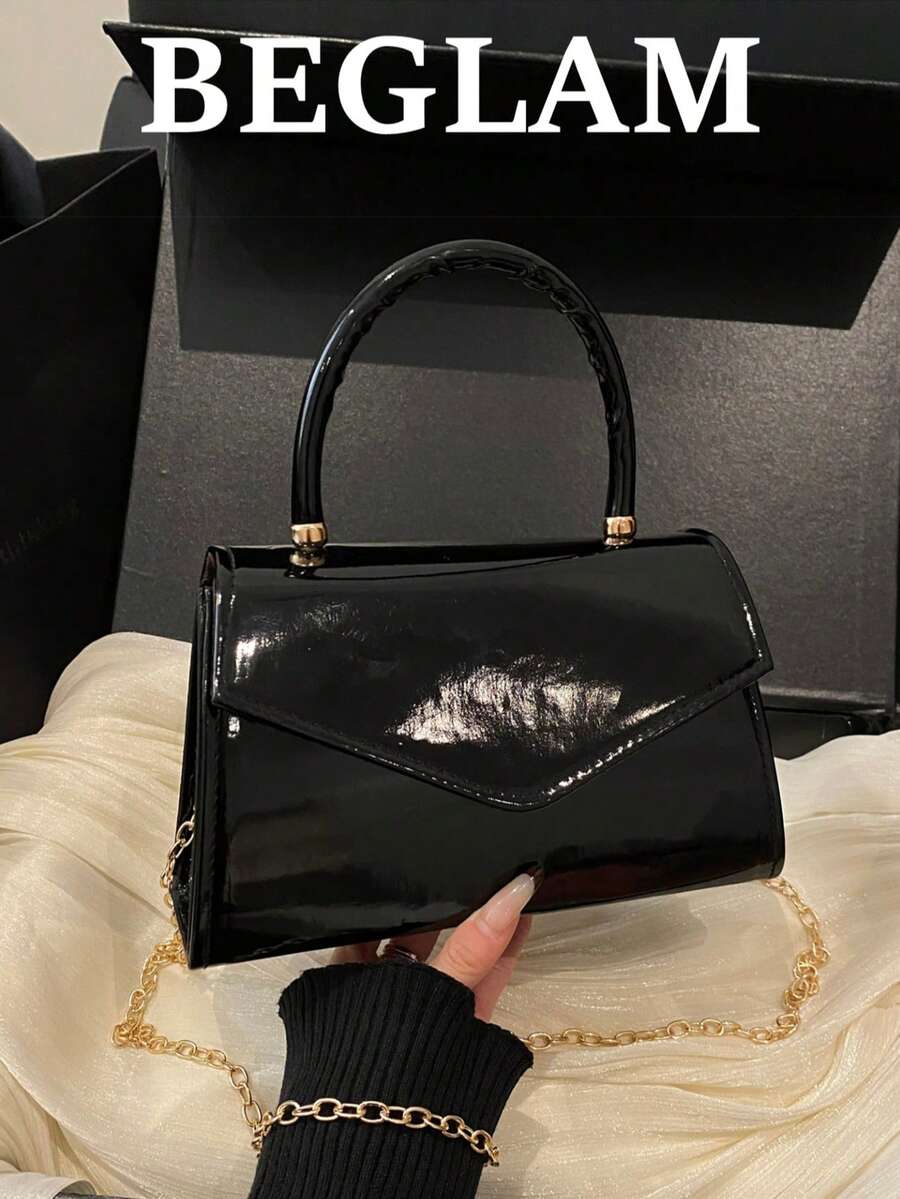 時尚純色極簡亮面翻蓋迷你方包,優雅女款手提包,適合購物、派對、晚宴及日常使用,情人節禮物 - 黑色 - 查看 1