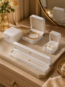 1pc Elegant Cream Jewelry Gift Box, Ring Earring Necklace Bracelet Storage Display Box, Gold Button Closure, Luxury Wedding Engagement Proposal Gift Packaging Box - White - View 3