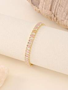 Stainless Steel 18K Gold Diamond Heart-Shaped Bracelet Set, 14K Gold Cubic Zirconia Open Bangle, Fashionable Women's Daily Wear, Holiday Gift - Gold - View 2