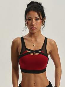 Kuswouy Women's Solid Color Removable Padded Mesh Patchwork Criss-Cross Back Sports Knit Bra - Multicolor - View 5