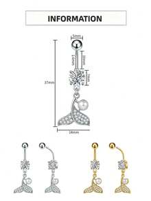 4Pcs Y2K Mermaid Tail Stainless Steel Belly Button Ring, Inlaid Zirconia Pearl Dangle Belly Piercings Jewelry For Women, Daily Wear Party Holiday Gift - Multicolor - View 5