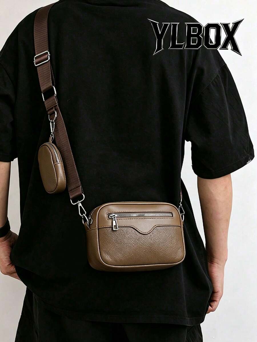 2pcs/Set Embroidered Men's Crossbody Bag Mini Key Pouch - Rust Brown - View 1