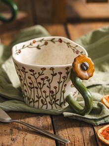 DearDali 1pc Hand-Painted Vine & Floral Ceramic Mug With 3D Flower Handle And Wavy Rim, French Vintage Pastoral INS Style Coffee Cup For Tea, Latte, Milk, Juice, Home Afternoon Tea, Creative Holiday Gift - Multicolor - View 7