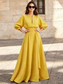 Solid Color Printed Belt Decor V-Neck Puff Sleeve A-Line Maxi Dress Yellow Elegant Summer - Yellow - View 1