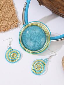 European American African Niche High-End Vintage Colorful Resin Necklace & Earrings - Baby Blue - View 3