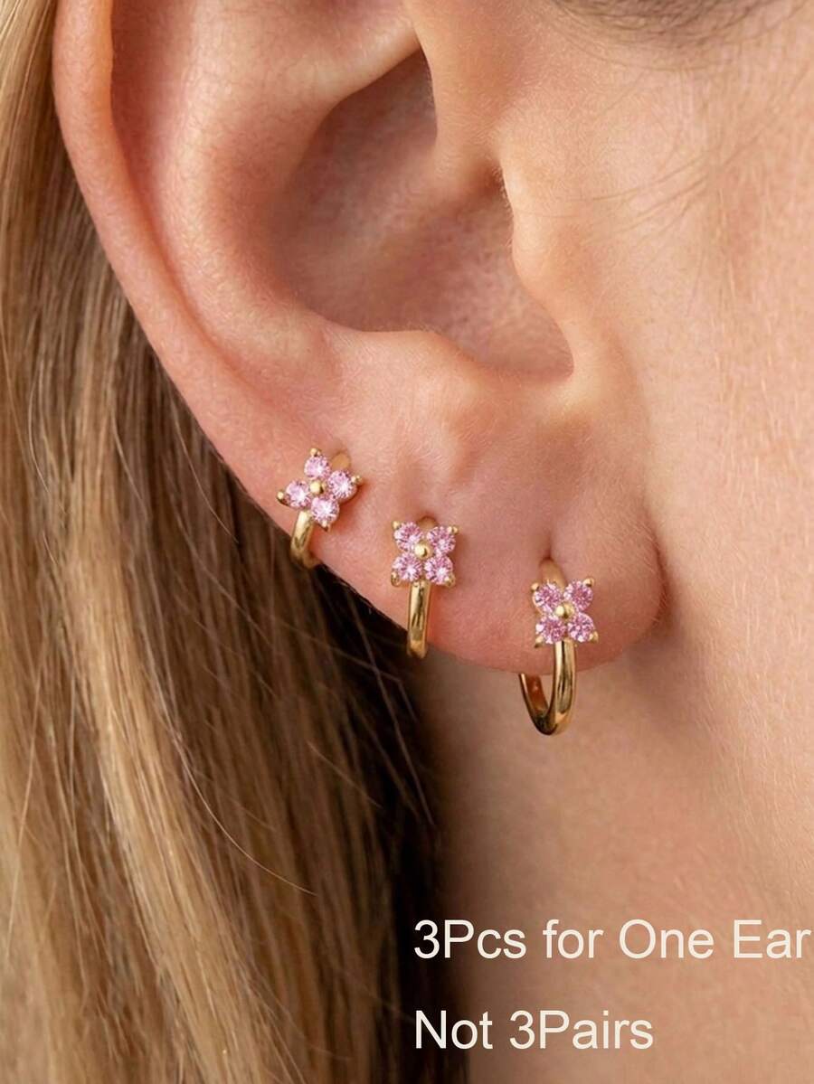 3件組女士精緻小巧Huggie耳環,14K鍍金粉色CZ花朵耳圈耳洞飾品,適合日常、派對、假期,送給她的禮物 - 金粉紅色 - 查看 1