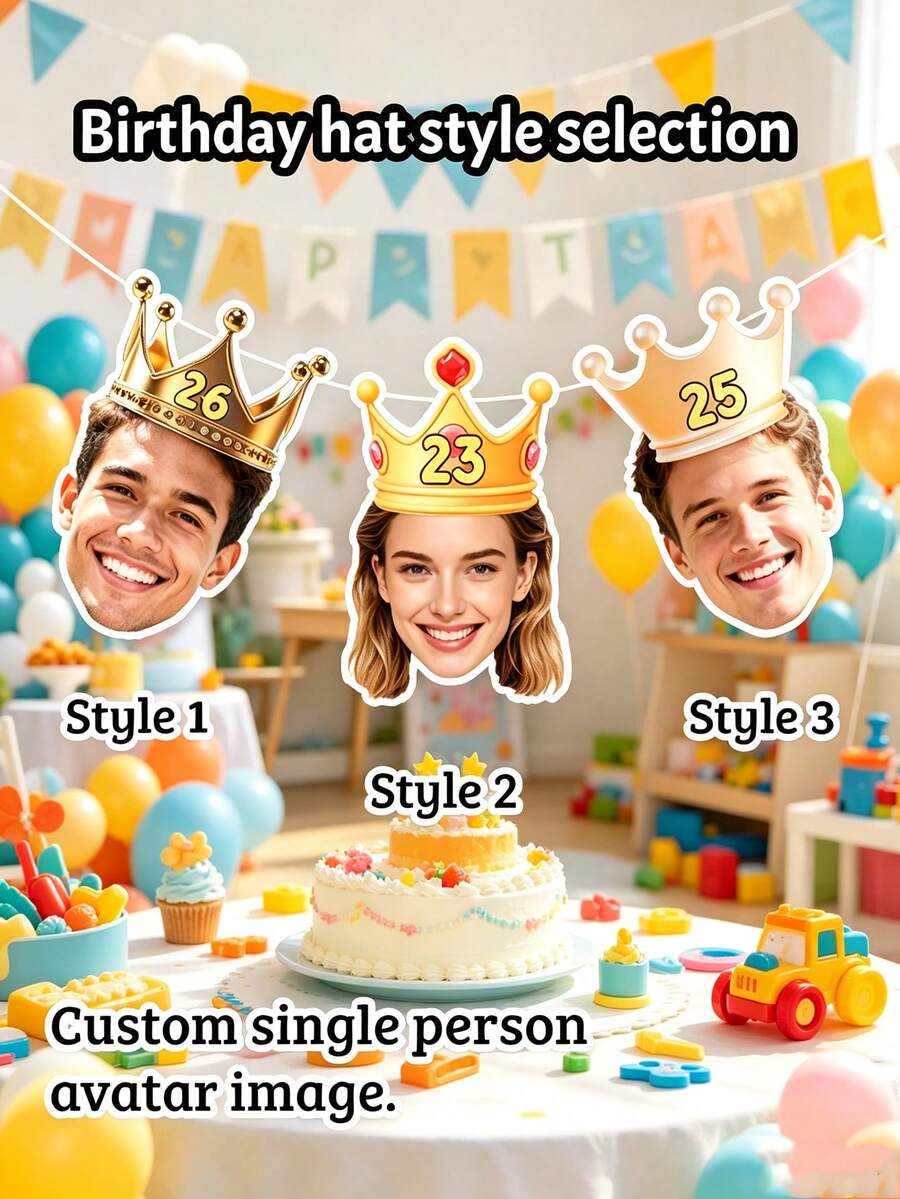 Custom Birthday Hat Face Banner With Photo And Number, Personalized Happy Birthday Banner Decoration For Party Celebration, Customized Face Banner Garland Gift For Friends And Family, Customizable Birthday Party Hanging Decor