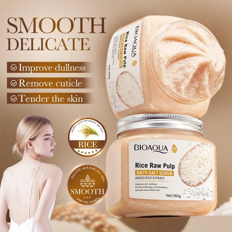 1pc 350g Rice Extract Bath Salt Body Scrub, Added Rice Extract Gentle Exfoliation Body Scrub, Soothes Rough Skin And Evens Skin Tone, Gently Removes Dead Skin Cells To Improve Dullness And Brighten Complexion, Creates Smooth Delicate Radiant Skin Effect, Full Body Skin Renewal Care, Softens Skin, Bath SPA, Regular Body Maintenance - Body Scrub - View 1
