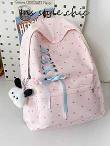 Small Polka Dot Contrast Color Ribbon Tie Backpack, Plush Puppy Charm Decoration, Waterproof Multi-Compartment Large Capacity, Sweet Ins Campus Style, Suitable For Students School, Daily Commute, Travel - Pink - View 4