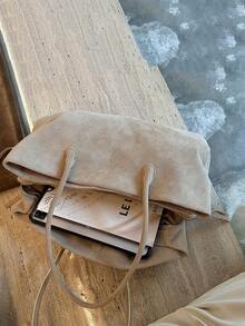 Autumn/Winter New Niche Design Faux Suede Multi-Compartment Shoulder Tote Bag, Minimalist High-Quality Large Capacity Commuter Handbag For Women - Khaki - View 4