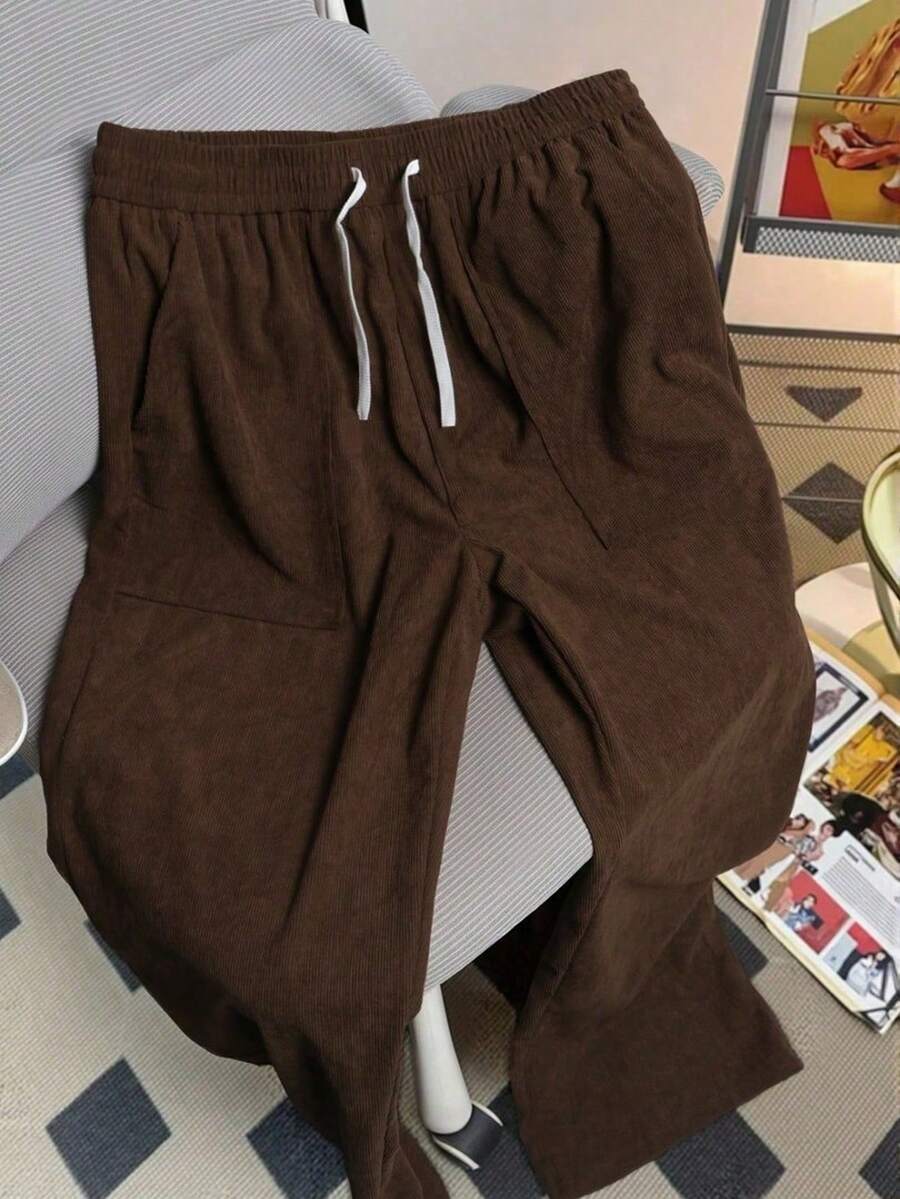 Brown Corduroy Drawstring Wide Leg Casual Pants, Elastic Waist American Retro Loose Straight Leg Long Pants For Men - Brown - View 1