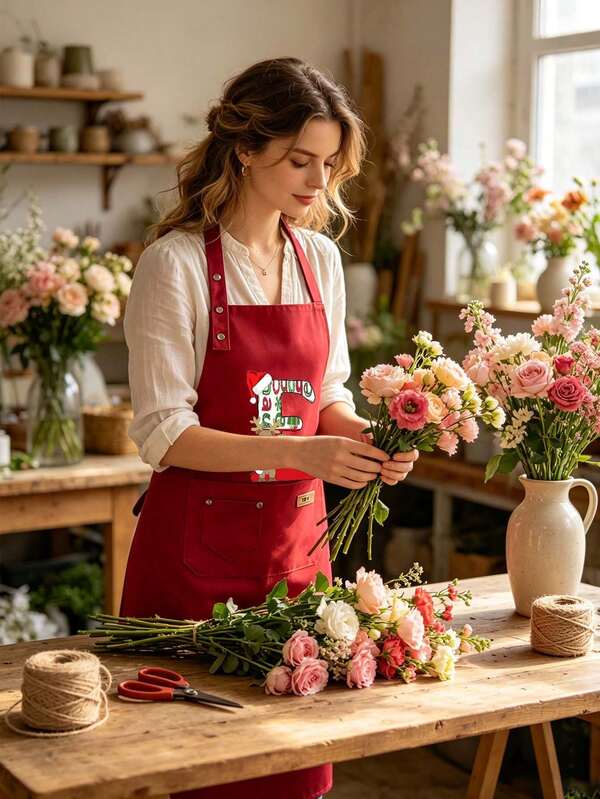 مريلة مطبوعة مخصصة لسلسلة رسائل عيد الميلاد بخلفية حمراء وحروف ملونة ونقوش زهرية هولوغرافية، مناسبة لعيد الميلاد والحفلات والزفاف. قابلة للاستخدام في المطبخ والحديقة والحمام وديكور المنزل - أسلوب فريد بمعنى الحرف الأول