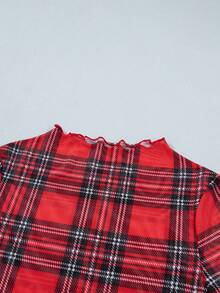 Acelitt Spring/Autumn Vintage Y2K Cropped Fitted Small Stand Collar Ruffle Hem Plaid Print Long Sleeve Sheer Mesh Top, Suitable For Party And Daily Wear - Red - View 7