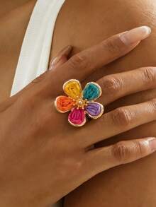 1pc Bohemian Style Woven Colorful Flower Adjustable Ring, Suitable For Women, Beach, Travel, Daily Wear, Matching Clothes - Color - View 1