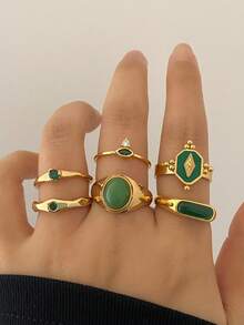 6pcs Emerald Green Luxury Elegant Versatile Stackable Crown Design High-End Rings For Women - Golden Yellow B - View 1