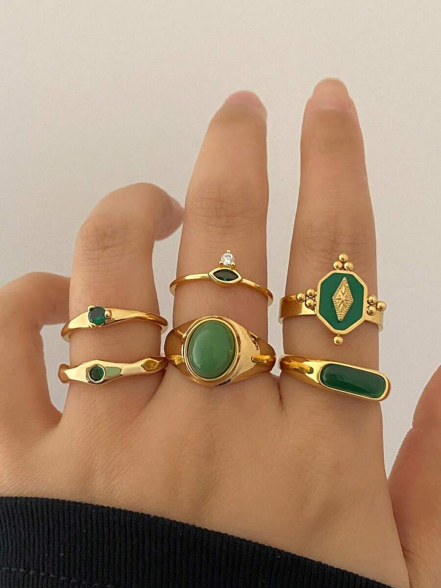 6pcs Emerald Green Luxury Elegant Versatile Stackable Crown Design High-End Rings For Women - Golden Yellow B - View 1