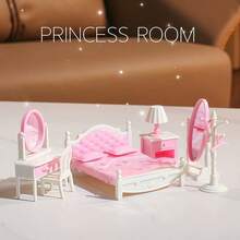Set Model Furnitur Kamar Tidur Mini Warna Pink & Putih, Termasuk Tempat Tidur Mini, Meja Rias dengan Cermin, Gantungan Baju, Kursi, Meja Nakas, Lampu Meja, Cermin Panjang, Koleksi Hiasan Dekoratif Tampilan Pemandangan Lanskap 3D - MultiWarna - View 5