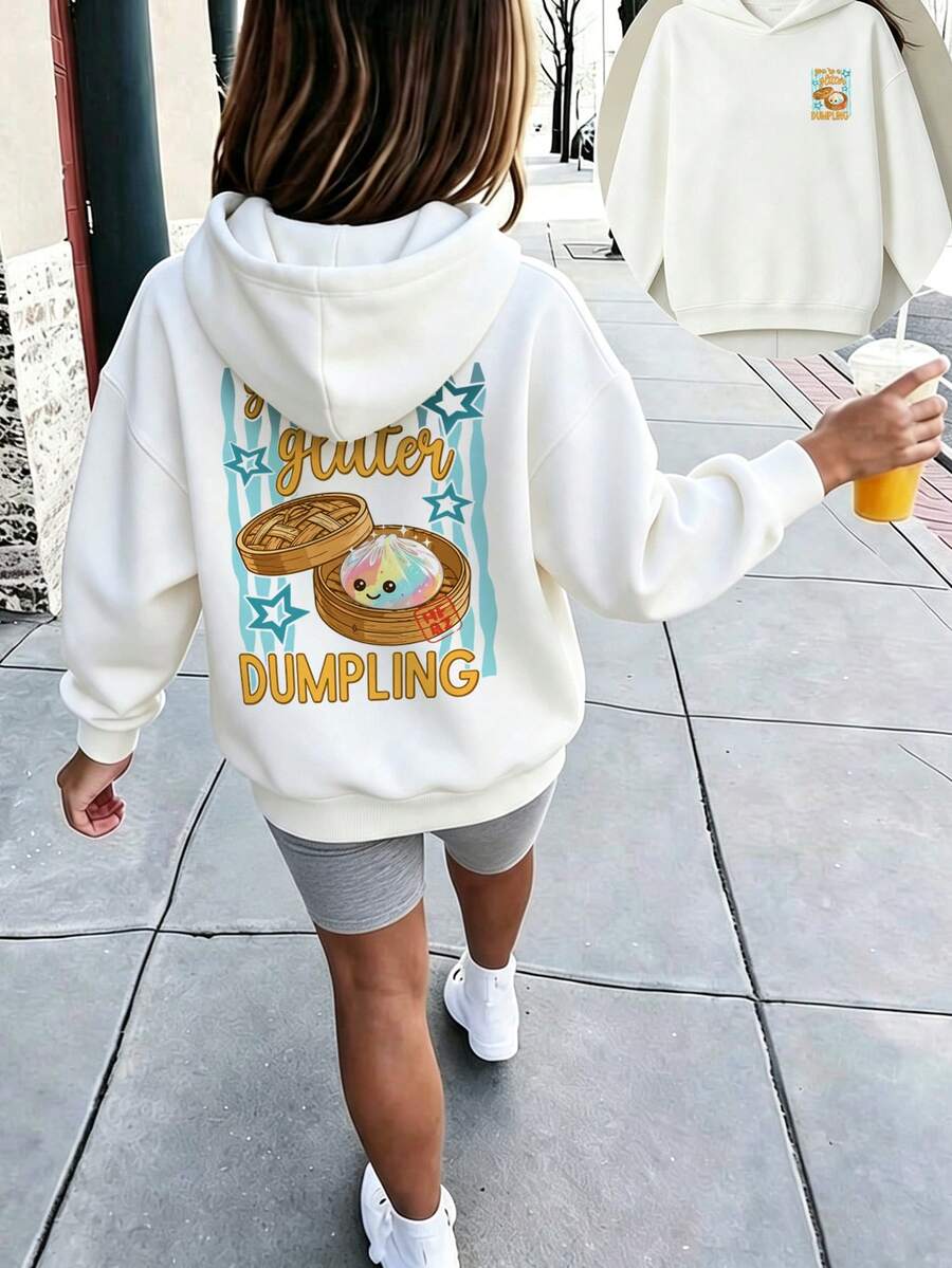 Hoodie Anak Perempuan Motif Pangsit Pelangi Kawaii, Atasan Lengan Panjang Bintang dan Garis - Putih - View 1