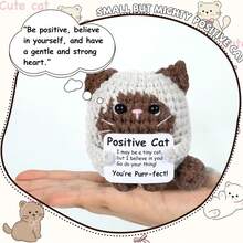 1pc Handmade Crochet Positive Cat Figurine, Mini Knitted Cat Doll With Positive Message Card, Desktop Tabletop Ornament Decor, Small Handcrafted Animal Statue For Office Home Shelf Display, General Gift For Friends Coworkers Family - Multicolor - View 3