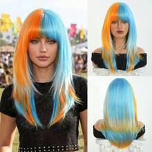 NAMM Patriotic Argentina Wig Orange & Blue Highlights Wigs Medium-Length Layered Wig With Bangs, Synthetic Heat-Resistant Fiber Costume Wig For Women Cosplay Wear, Carnival, Halloween Party Use 20 Inch - Blue Highlight - View 11