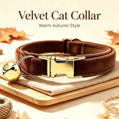 1pc Velvet Cat Collar With Bell, Metal Quick-Release Buckle, Adjustable, Skin-Friendly Soft Wear-Resistant, No Choking, Suitable For Kittens And Adult Cats, Daily Walks, All Seasons, Independence Day, Valentine's Day, Easter, Home Pet Gift