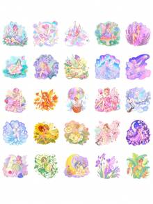 50Pcs Cute Fantasy Fairy Scrapbook Stickers, Watercolor Magical Flower Fairy Rainbow Star Waterproof Decals For Notebook Planner Craft - Multicolor - View 7