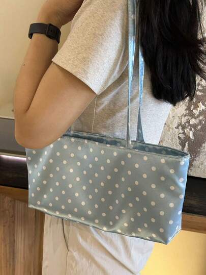 2026 New Korean Ins Style Minimalist Lake Blue Satin Baguette Underarm Bag Polka Dot Fresh Lightweight Commuter Shopping