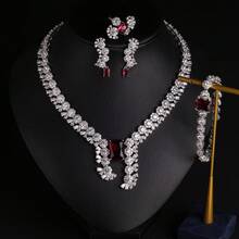 4 piezas/1 set Conjunto de joyería de moda para mujer, aretes, collar, pulsera, anillo, combinación de joyería, diseño único con incrustaciones de circonita, adecuado para uso en vacaciones | fiestas | banquetes, regalo - Conjunto de joyas - Ver 3