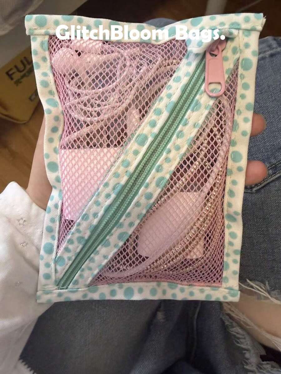 薄荷綠網格拉鍊收納袋,波點飾邊,透明旅行收納袋,可愛小化妝品收納盒,適合女性 - 彩色 - 查看 1