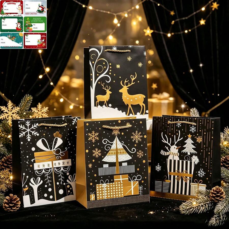 34/68/102 Stücke Weihnachtsgeschenktüten mit Weihnachtsaufklebern - langanhaltend Papier-Feiertagsparty-Geschenktüten für Weihnachtsbaumdekorationen, perfekt für Feiertagsfeiern, Weihnachtsgeschenktüten, Weihnachtsdekorationen - Stil A - Übersicht 1