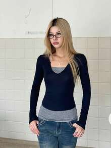 American Vintage Slim Fit Flattering V-Neck Colorblock Patchwork 2 In 1 Long Sleeve T-Shirt - Navy Blue - View 6