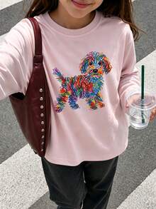Tween Girl 1pc Line Puppy Print Long Sleeve T-Shirt, Suitable For Girls' Autumn/Winter Tops, Young Student Children's Clothing, Suitable For Outerwear And Layering - Pink - View 3