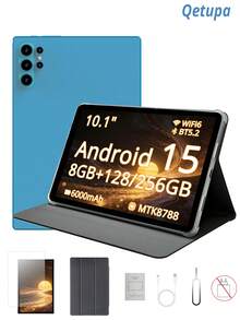 Qetupa 10.1吋 Android 15 平板電腦，附保護套、保護貼，8GB 記憶體 + 128/256GB 儲存空間（可擴充至 1TB），高清 (1280x800) IPS 觸控螢幕，500 萬像素前置鏡頭與 1300 萬像素後置鏡頭，6000mAh 電池（不含充電頭） - 藍色 - 查看 1