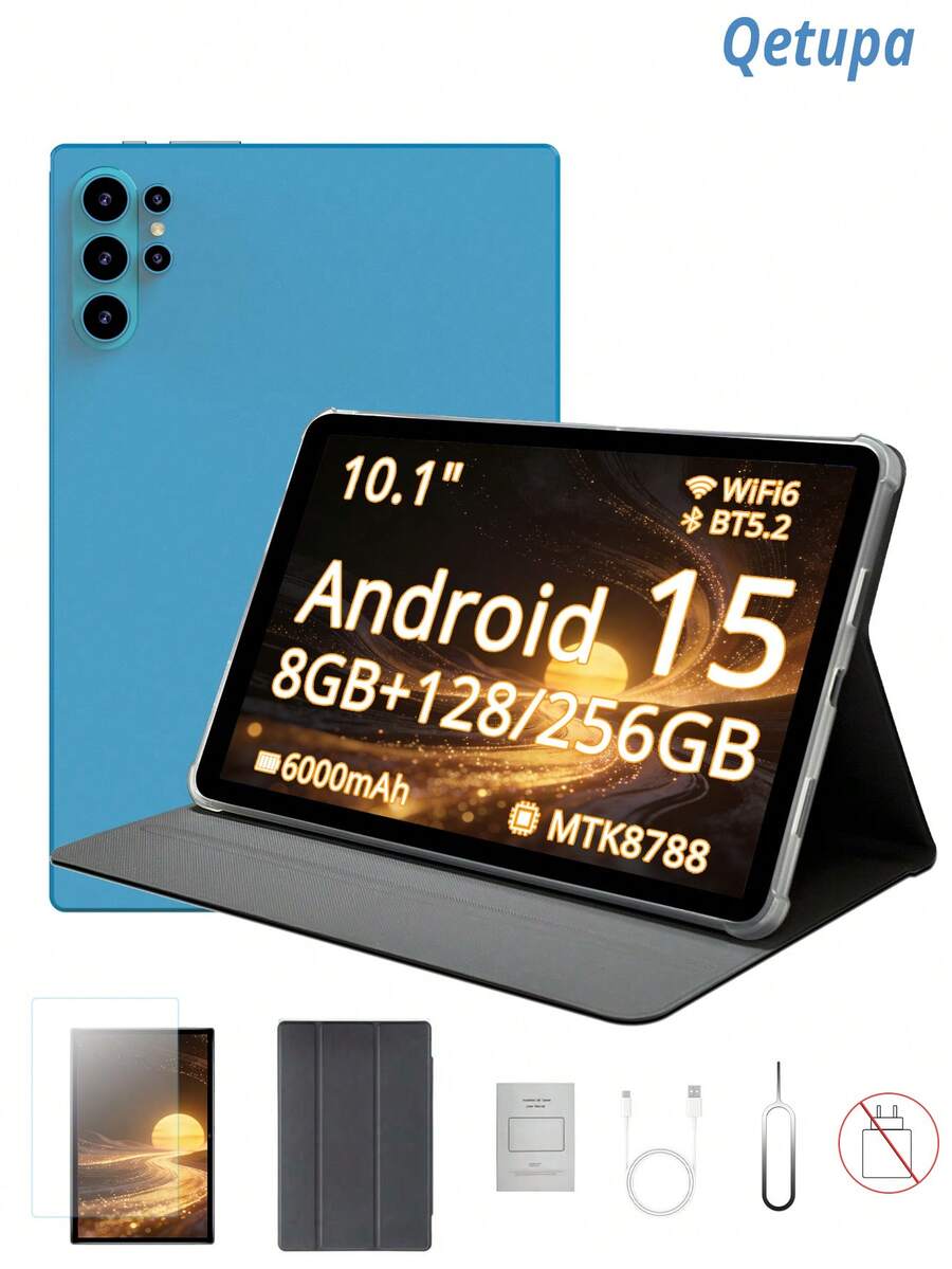 Qetupa 10.1吋 Android 15 平板電腦,附保護套、保護貼,8GB 記憶體 + 128/256GB 儲存空間(可擴充至 1TB),高清 (1280x800) IPS 觸控螢幕,500 萬像素前置鏡頭與 1300 萬像素後置鏡頭,6000mAh 電池(不含充電頭) - 藍色 - 查看 1