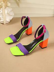 Elegant Women's Open Toe Square Toe High Heel Sandals, Contrast Color Comfortable Chunky Heel Shoes, Suitable For Summer Parties And Vacations - Multicolor - View 2