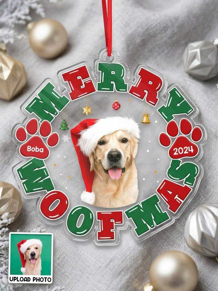 客製化狗狗照片聖誕飾品 寵物姓名壓克力樹掛飾 Merry Woofmas 狗媽媽禮物 - 彩色 - 查看 1