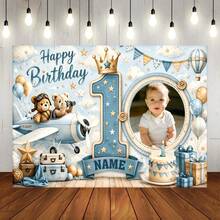 Customizable Photo & Name Pink Blue 1st Birthday Backdrop, Brown Teddy Bear, Gift Box, Bow, Floral, Cake, Heart Balloon Design, Cake Table Background, Vinyl, Party Supplies - Type C - View 11